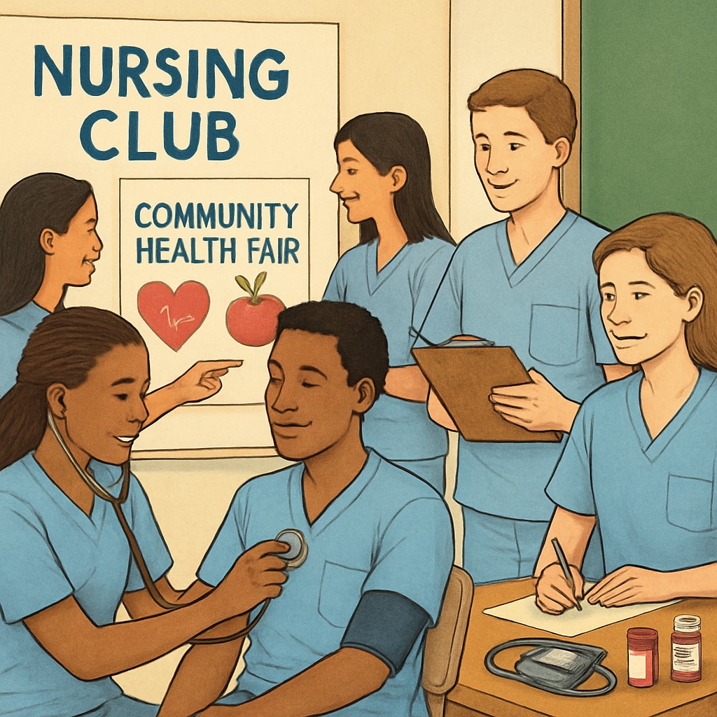 Students participating in a nursing club meeting or community health fair. Nursing students engaging in extracurricular healthcare activities.