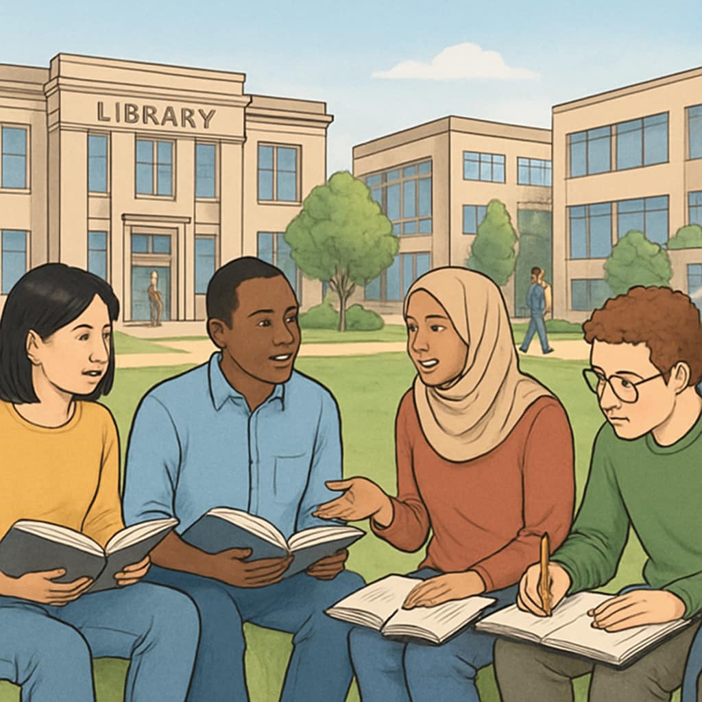 A group of international students studying at an affordable university campus. International students discussing coursework at an affordable university.