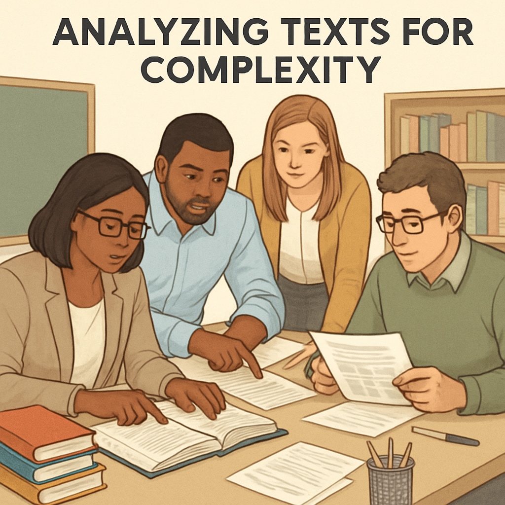A classroom setting with teachers analyzing texts for complexity, symbolizing collaborative research. Teachers evaluating text complexity in a classroom research setting.