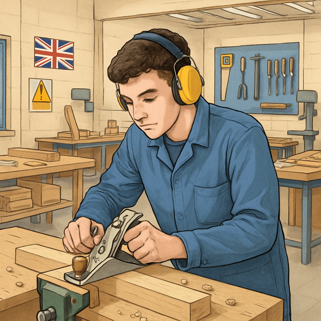 A young adult learning carpentry skills in a vocational training workshop in the UK, showcasing practical education methods. Vocational training for UK dropouts to return to education