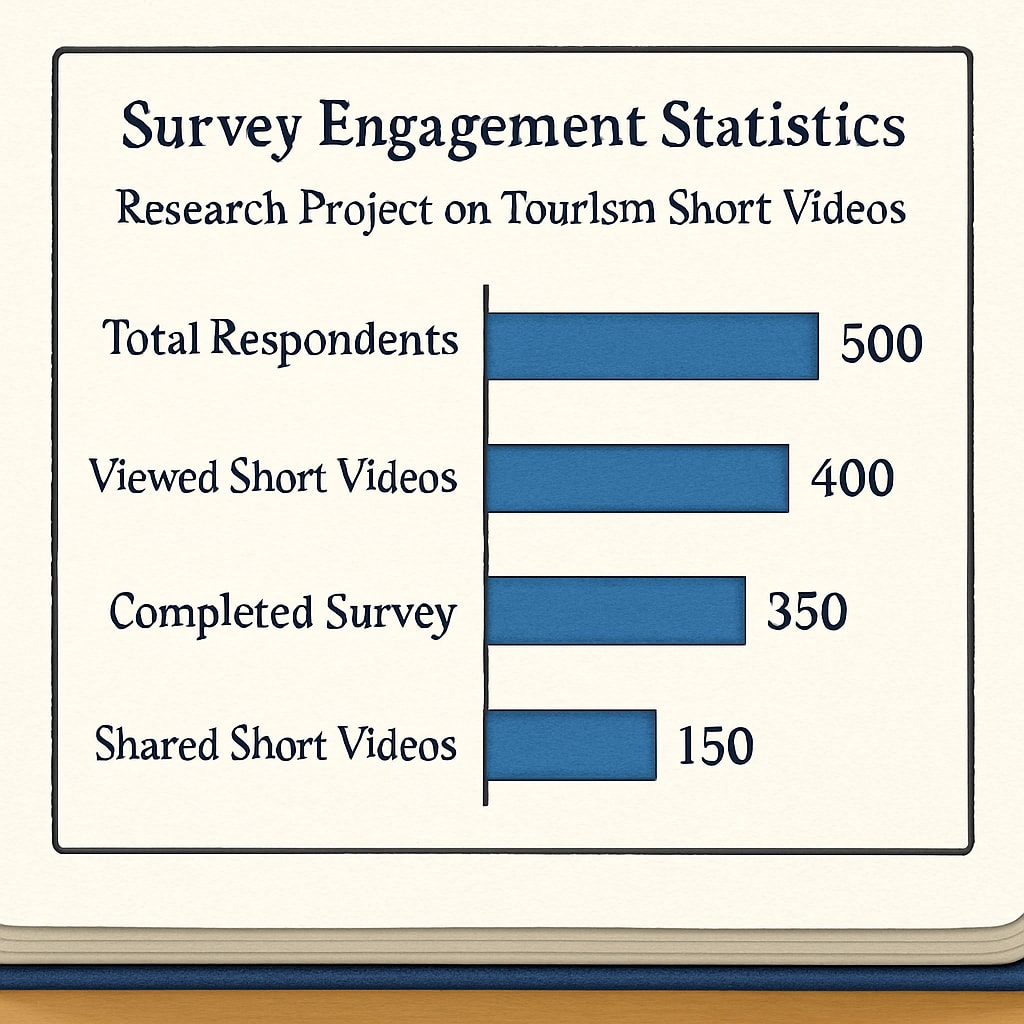 A detailed chart illustrating survey engagement statistics for a research project on tourism short videos. Chart showing survey engagement statistics for tourism short video research.