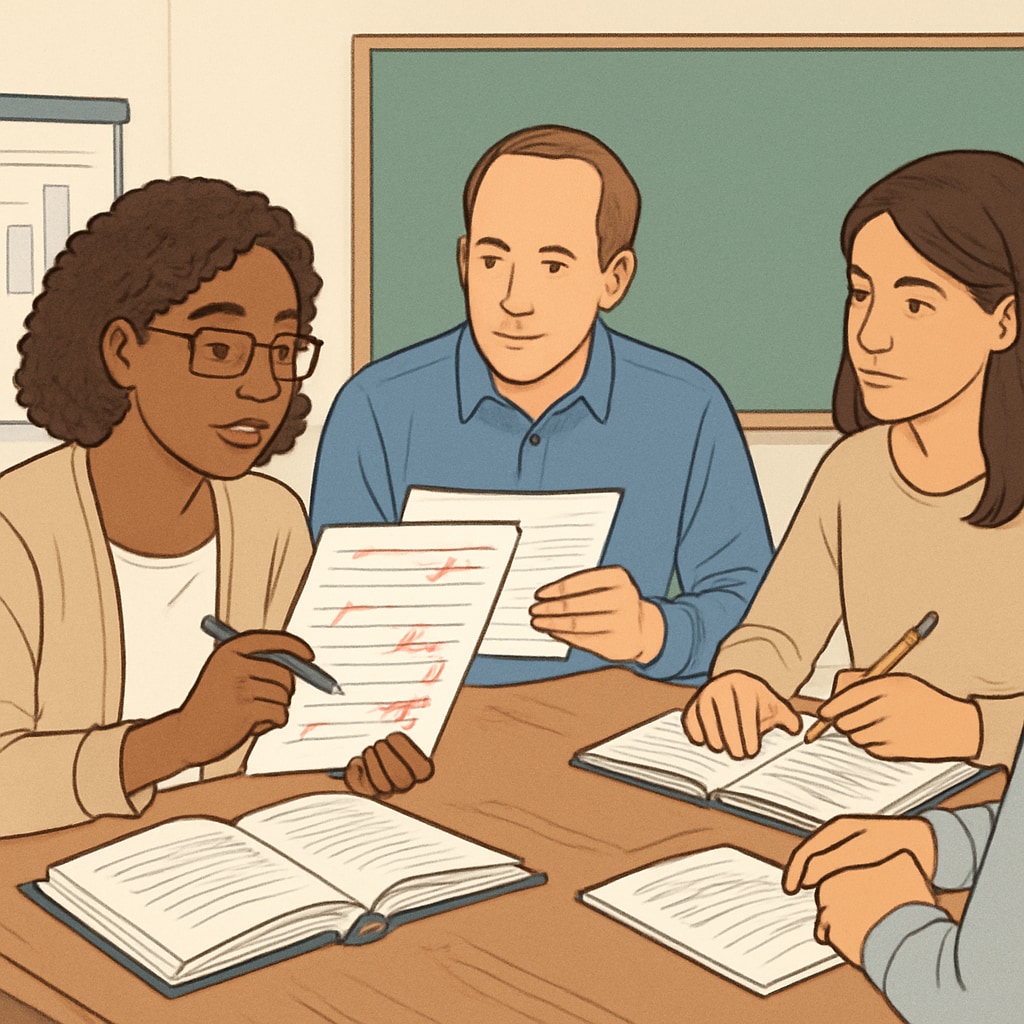 Teachers reviewing text samples with annotations, showing active involvement in research. Teachers actively participating in text complexity evaluation research.