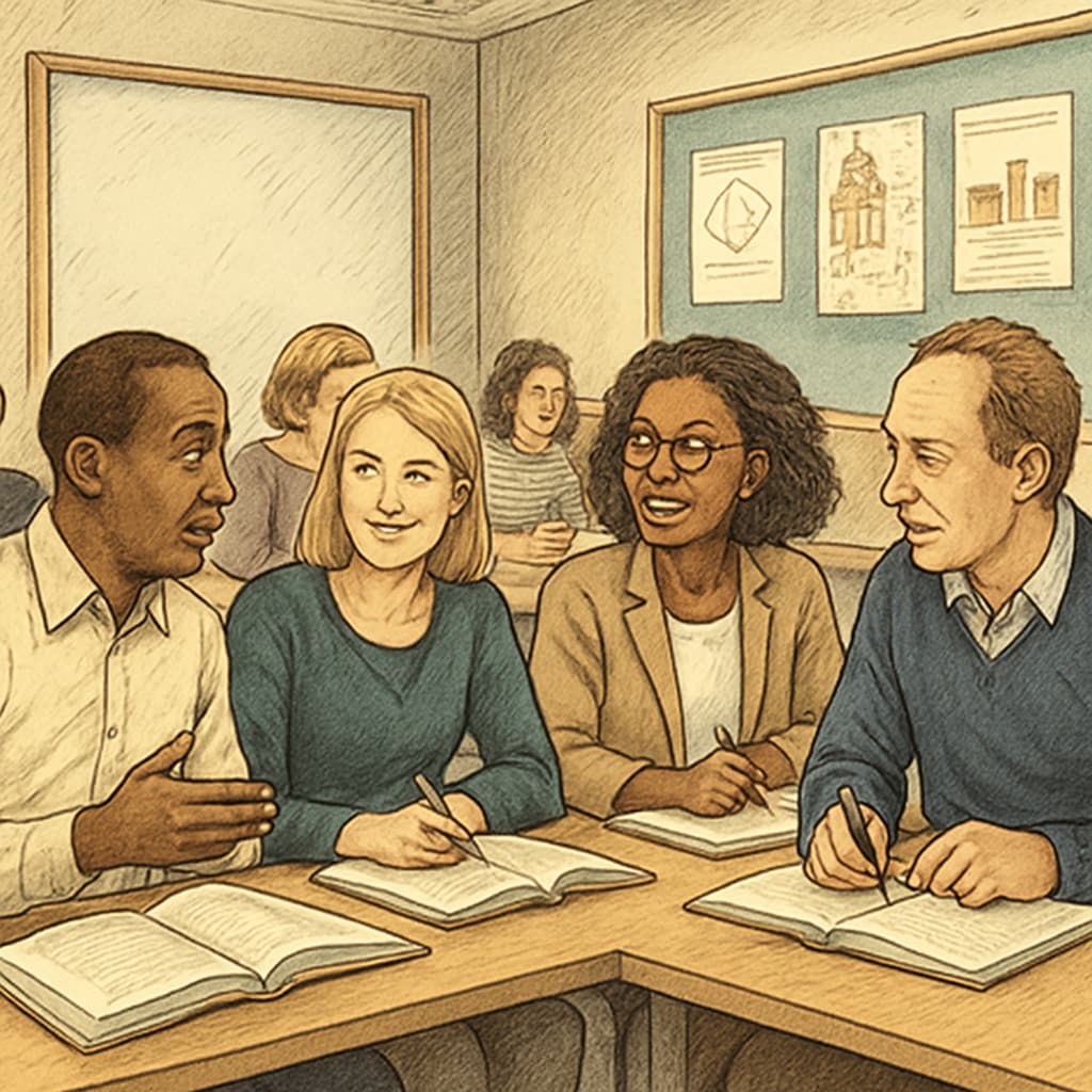 A group of adult learners attending an evening class in the UK, engaging in academic discussions, highlighting adult education flexibility. Adult learners in the UK returning to education in evening classes