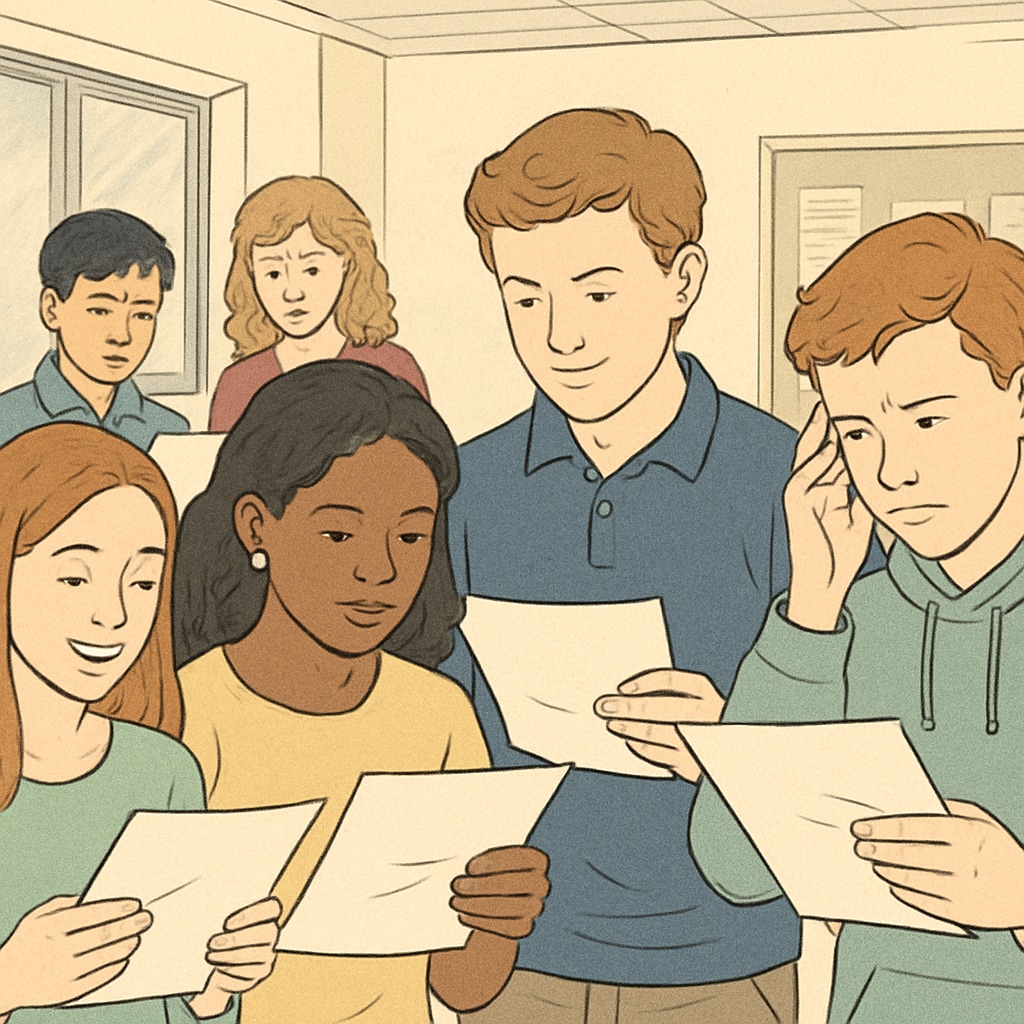 A group of students looking at their GCSE results, with mixed emotions on their faces. Students reacting to their GCSE results, illustrating academic concerns and self-doubt.
