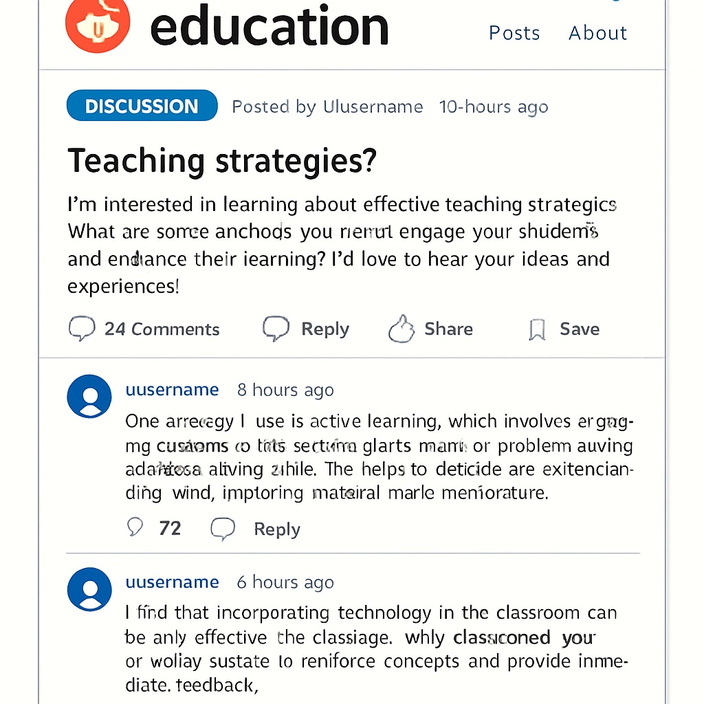 A screenshot of a Reddit education subreddit showing a discussion thread about teaching strategies. Screenshot of Reddit education discussion thread about teaching strategies.