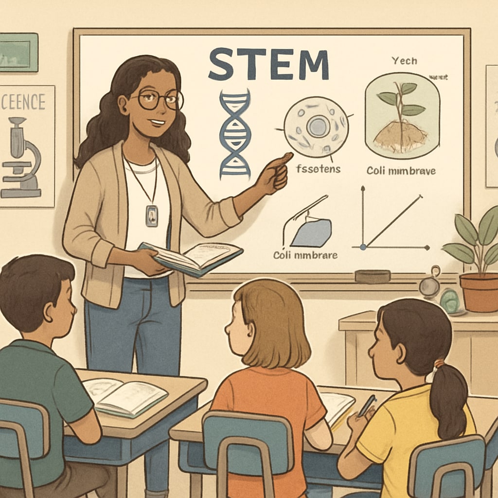 Biology graduate teaching students STEM concepts in a classroom.