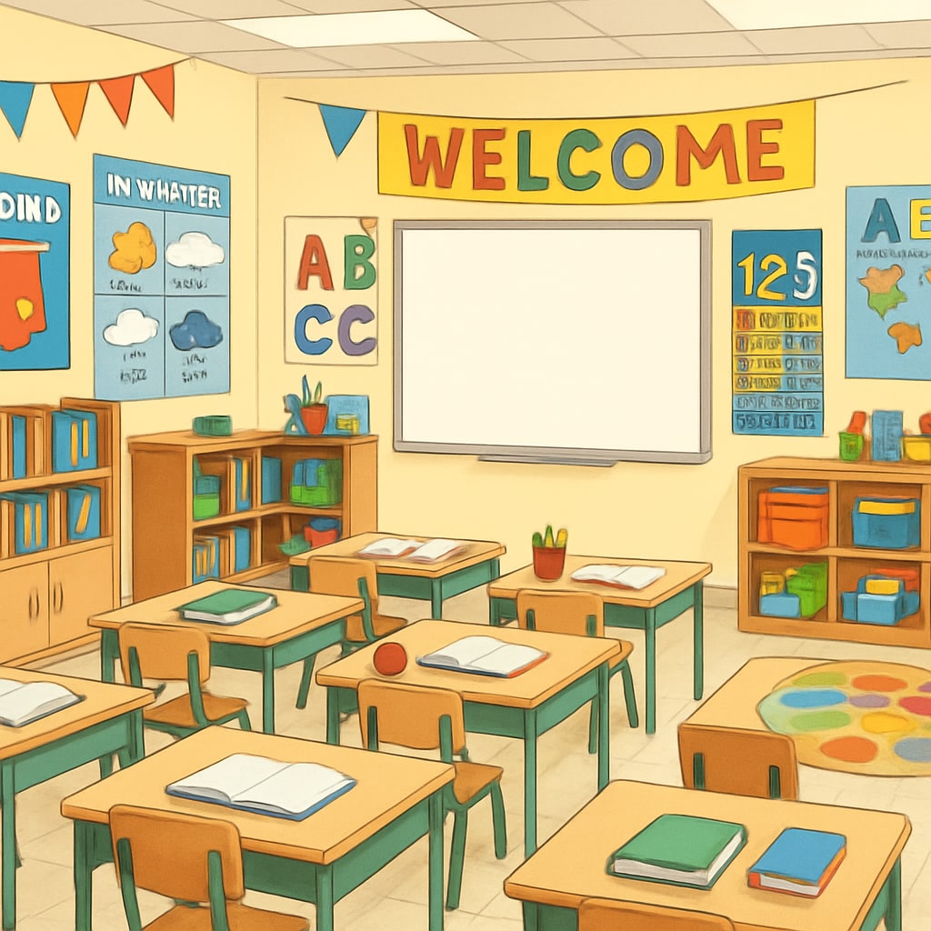 A welcoming and vibrant elementary school classroom with engaging decorations that reflect creativity and warmth. Elementary school classroom with creative decorations and a focus on learning.