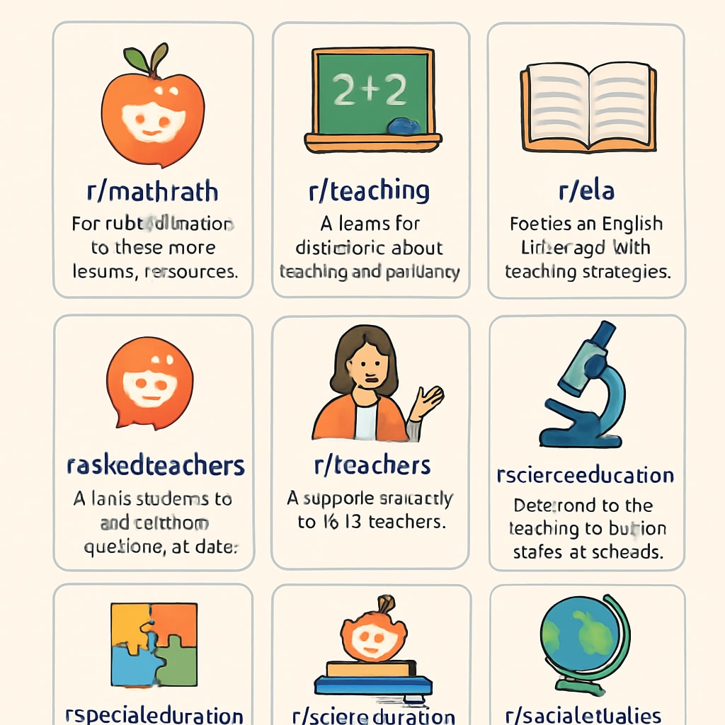 A visual guide highlighting popular Reddit subreddits for K-12 education, with icons and brief descriptions. Visual guide of popular subreddits for K-12 education with brief descriptions.