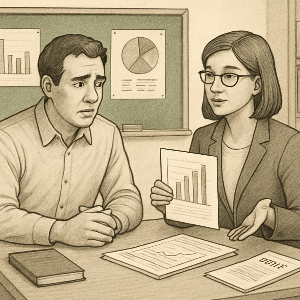 A concerned parent reviewing school performance data and talking to a teacher during a school visit. Parent discussing school performance and visiting with a teacher.