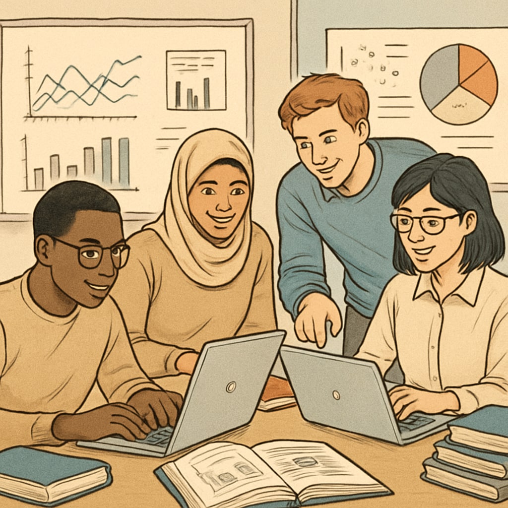 A diverse group of international students collaborating on data science projects in a university setting. Data Science international students collaborating at university
