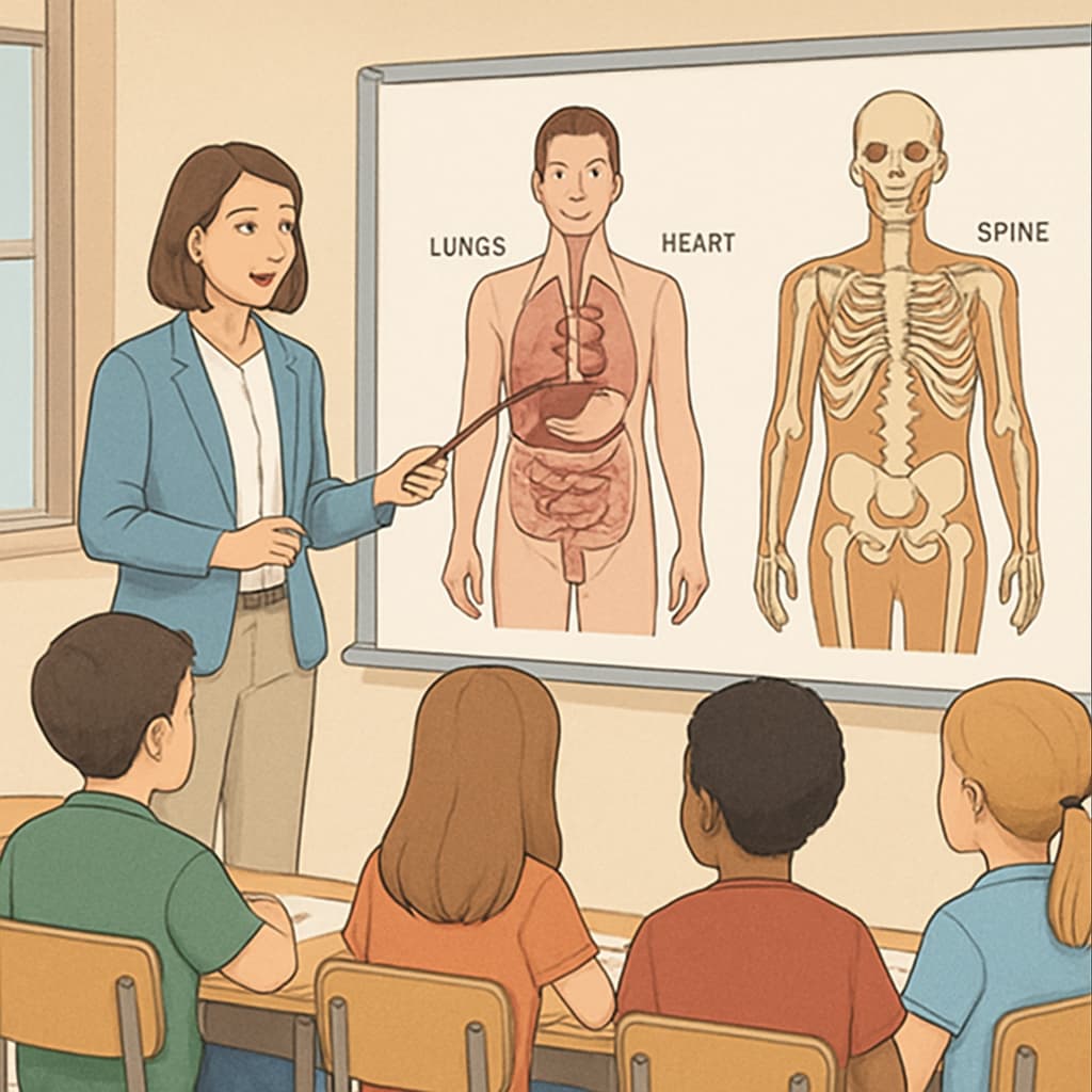 A teacher explaining basic human anatomy to K12 students in a classroom setting. Teacher and K12 students discussing human anatomy as part of medical education.