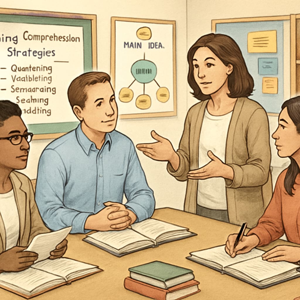 A group of teachers discussing reading comprehension strategies with charts and books in a classroom setting. Teachers discussing text complexity and reading comprehension strategies.