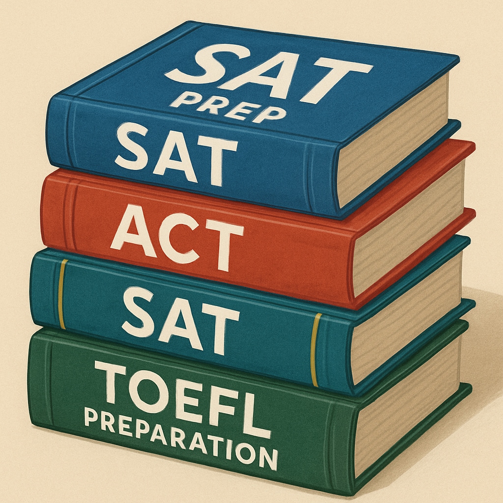 A stack of standardized test preparation books including SAT, ACT, and TOEFL. Standardized test preparation books for international students