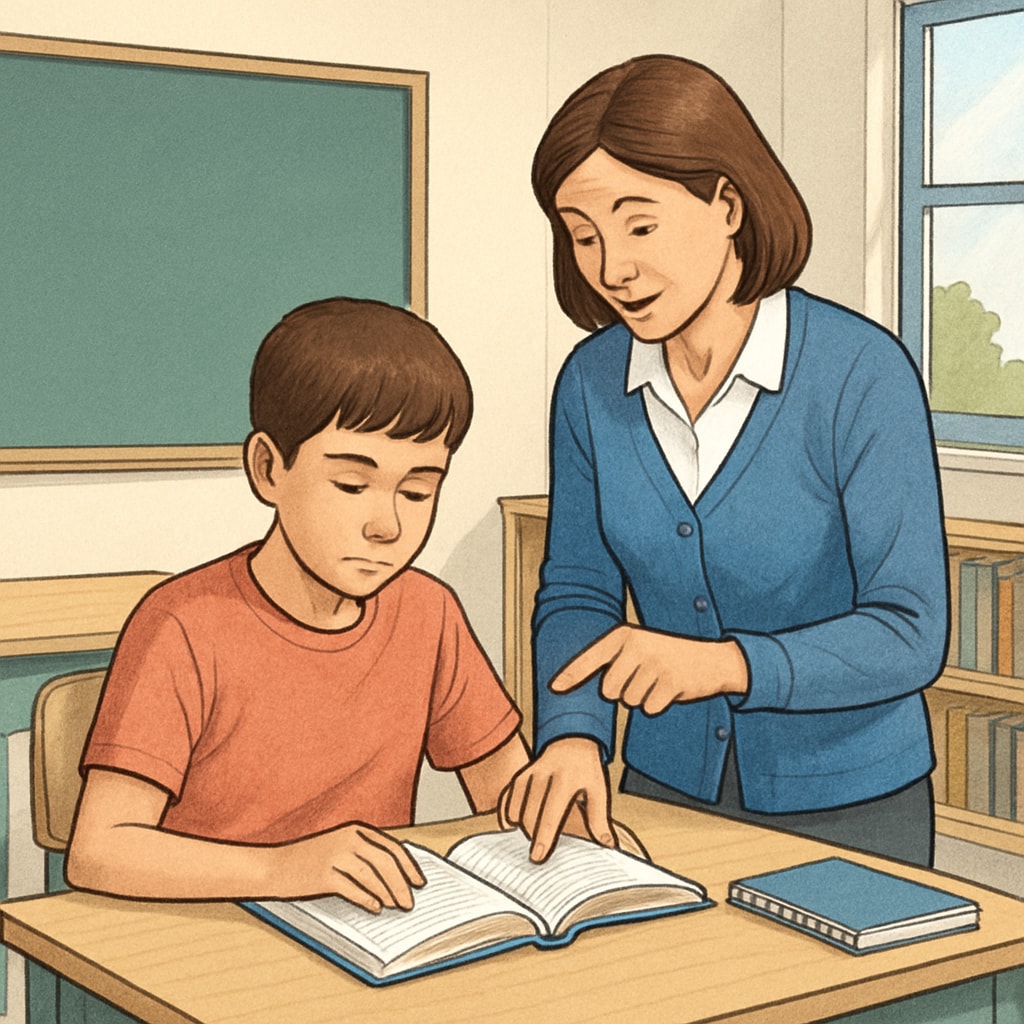 A student reading a book in class with a teacher guiding them, emphasizing comprehension. A teacher assisting a student with reading comprehension in a classroom.