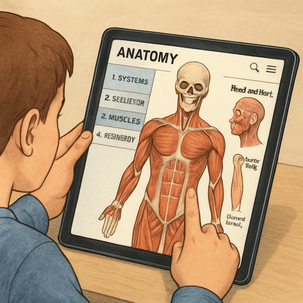 A student using a tablet to explore a 3D human anatomy app. K12 student engaging with an interactive 3D anatomy app for medical learning.