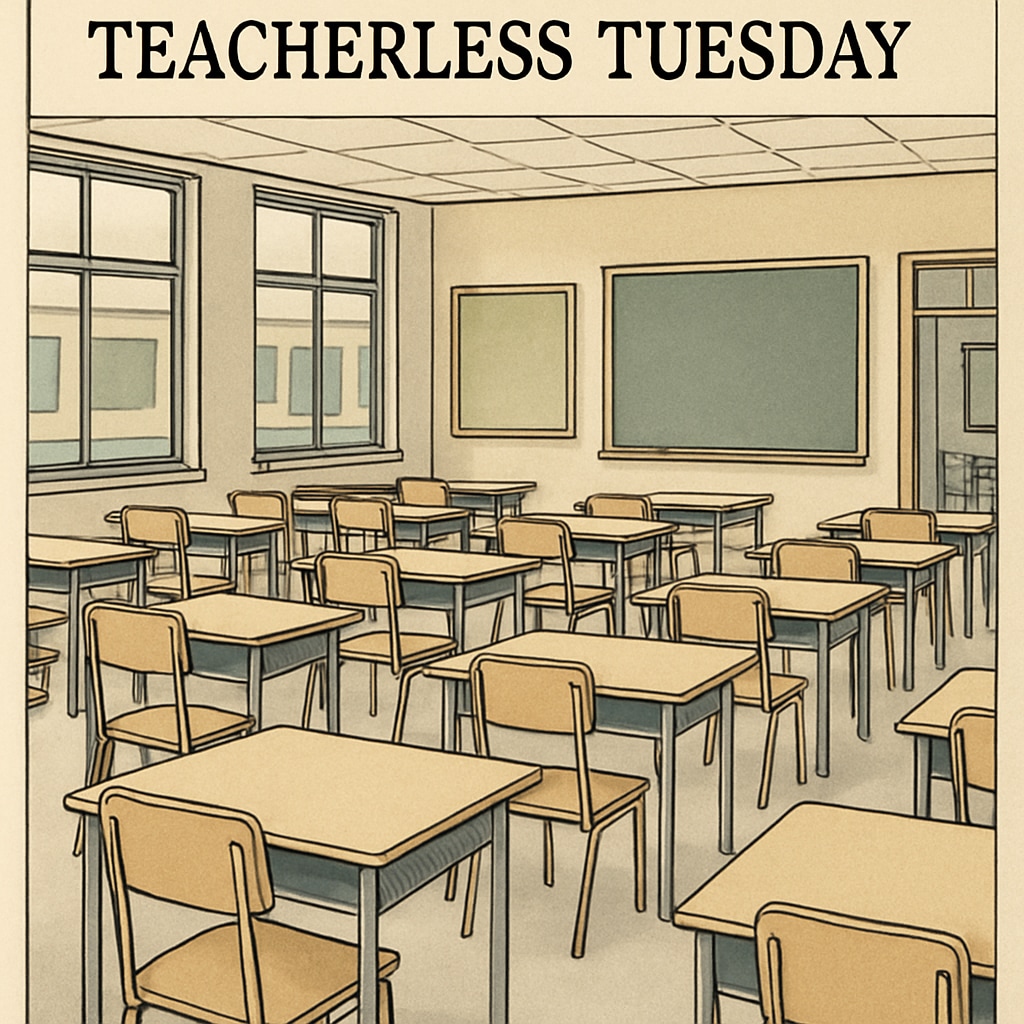 A group of empty classrooms symbolizing Teacherless Tuesday, highlighting the absence of teachers and its impact on schools. Empty classrooms on Teacherless Tuesday, representing the impact of teacher protests.