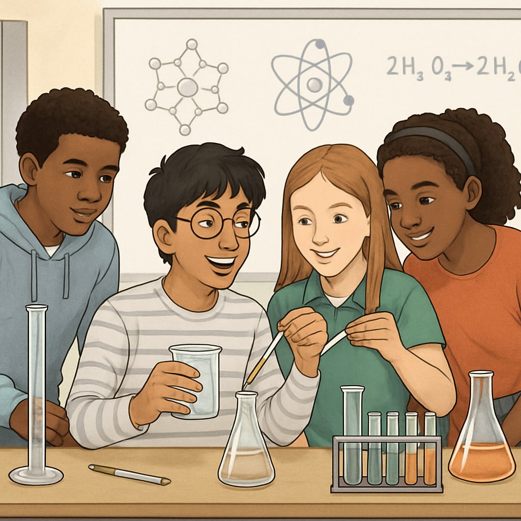 A diverse group of high school students working together in a science laboratory, with a multilingual learner actively participating. Multilingual learner participating in a collaborative high school science lab activity.