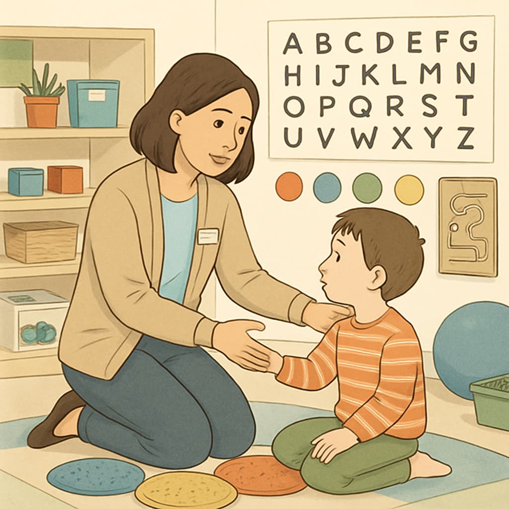A teacher assistant engaging with a child in a sensory-friendly classroom environment, demonstrating empathy and support. Teacher assistant working with an autism spectrum child in a calming classroom setup.