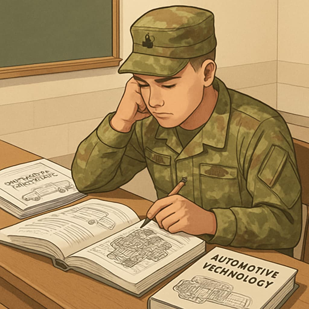 A student in military uniform studying automotive technology textbooks. Military student studying automotive technology materials.