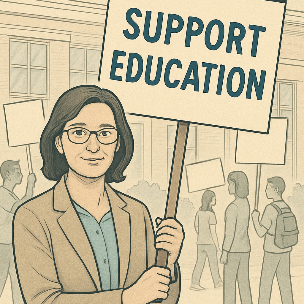 A teacher holding a sign that reads Teacher advocating for better education conditions during a peaceful protest.