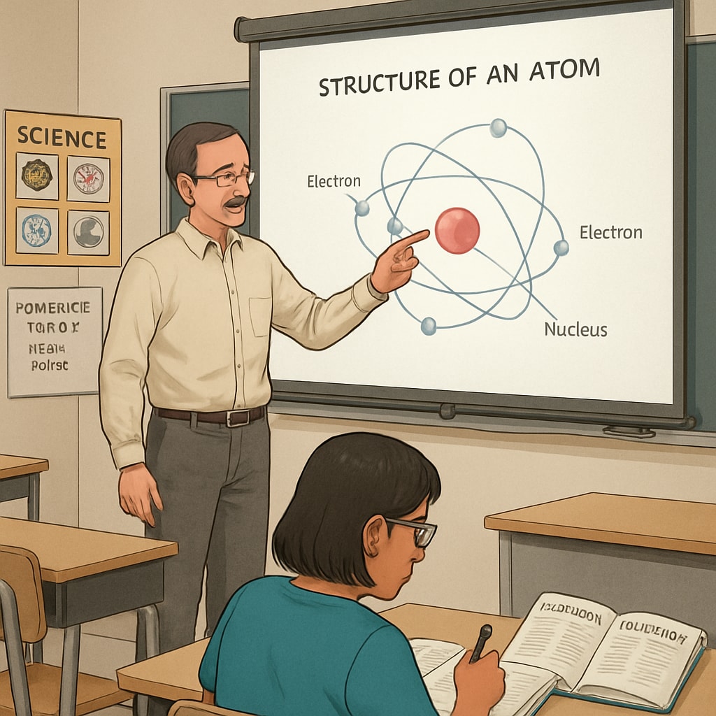 A high school teacher using a projector to explain a science concept while a multilingual learner takes notes with the help of a bilingual glossary. High school teacher explaining science with bilingual support for multilingual learners.