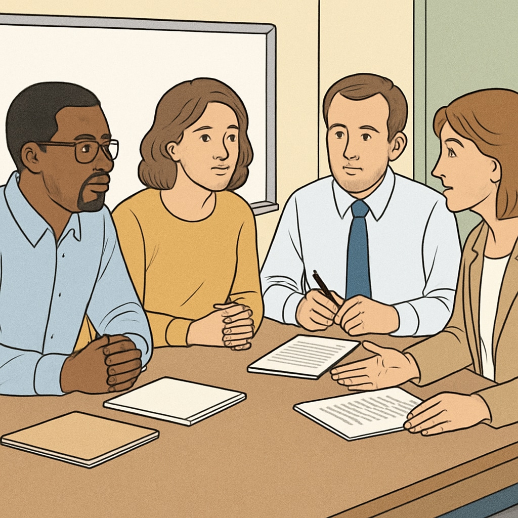 A group of educators and parents discussing a child’s progress during a school meeting, showing collaboration and focus. Educators and parents collaborating in a school meeting for an autism spectrum child.