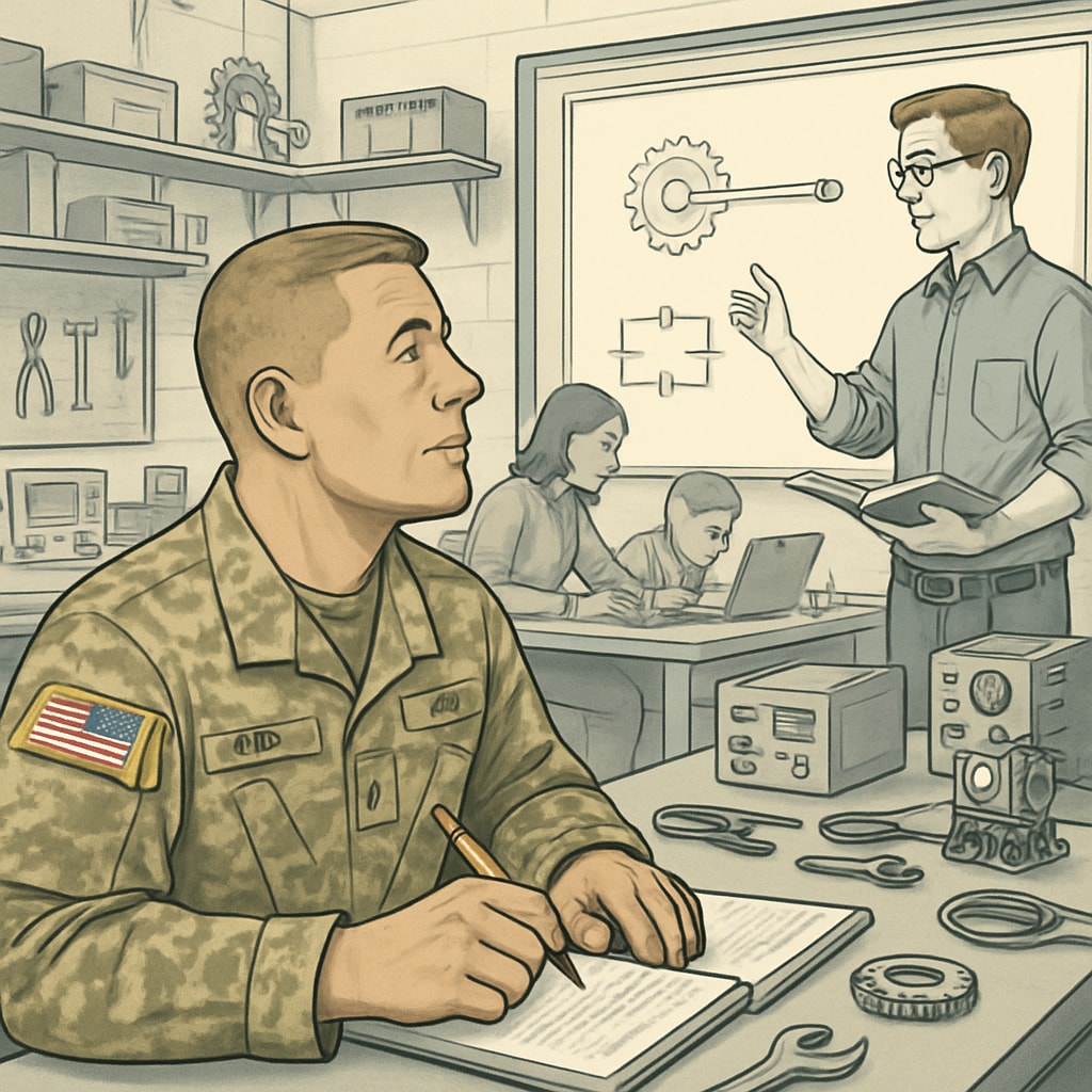 A military veteran attending an engineering class in a university lab. Veteran student in an engineering classroom setting.