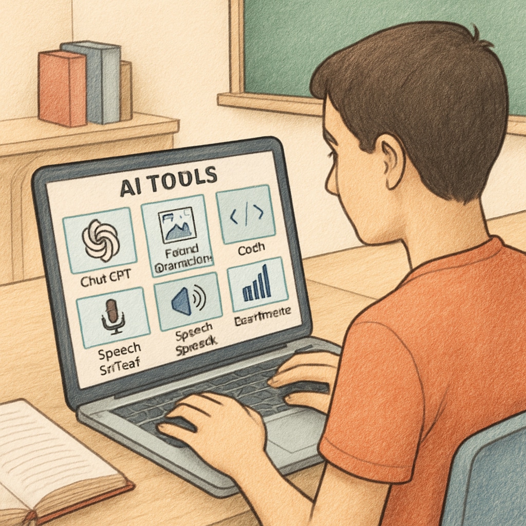 A student sitting at a desk, using a laptop with various AI tools displayed on the screen. Student using AI subscription services like ChatGPT Plus, Perplexity Pro, and Claude Pro for academic tasks.