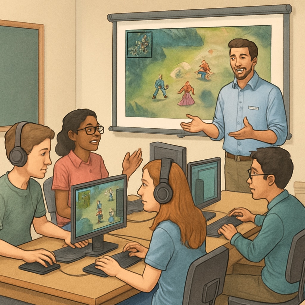 A classroom of students participating in an esports-based learning activity, showcasing collaboration and team dynamics. Classroom of students engaging in an esports-based learning activity for gamified education.
