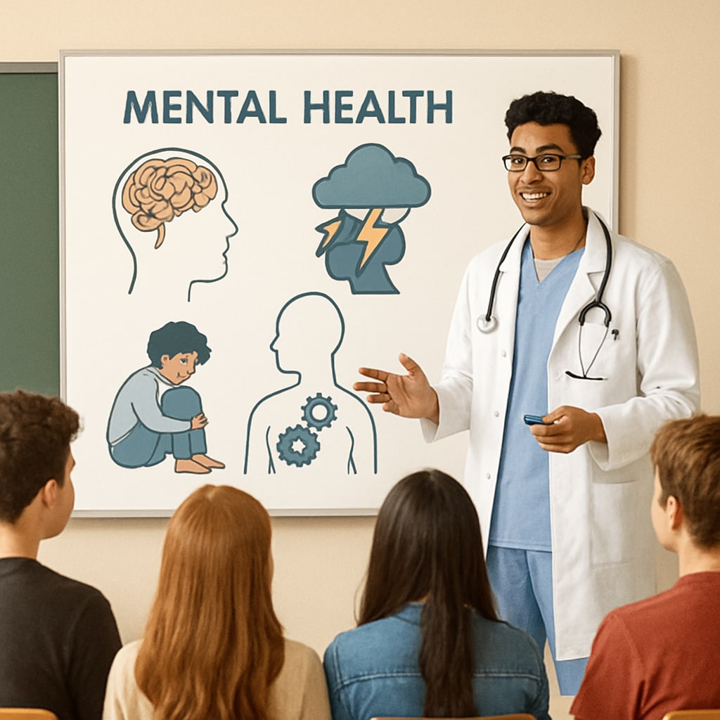 A medical student presenting mental health topics to high school students in a classroom setting, featuring illustrative visuals. Medical student presenting mental health topics to high school students.