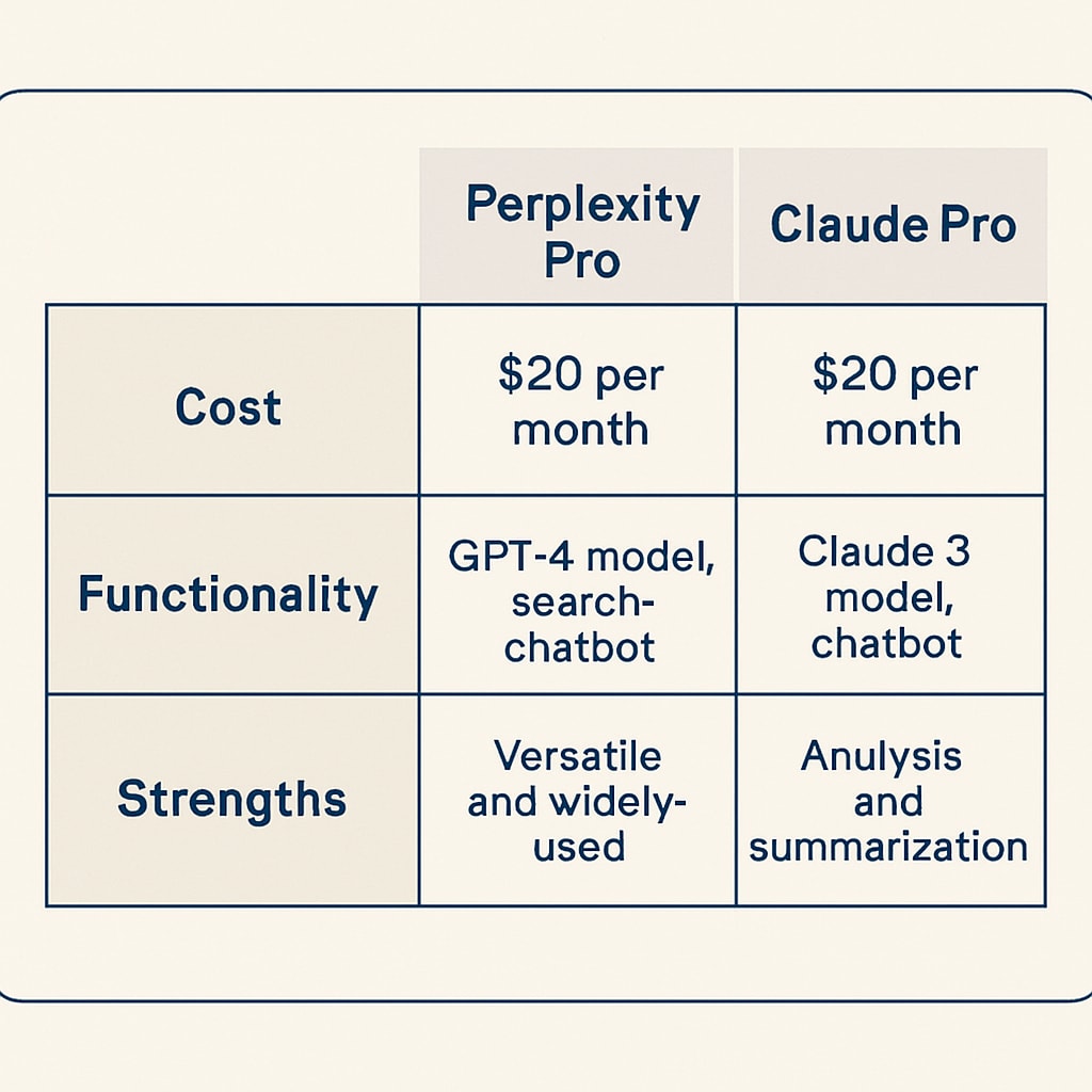 A chart comparing ChatGPT Plus, Perplexity Pro, and Claude Pro in terms of cost, functionality, and strengths. Comparison chart of AI subscription services for academic assistance.