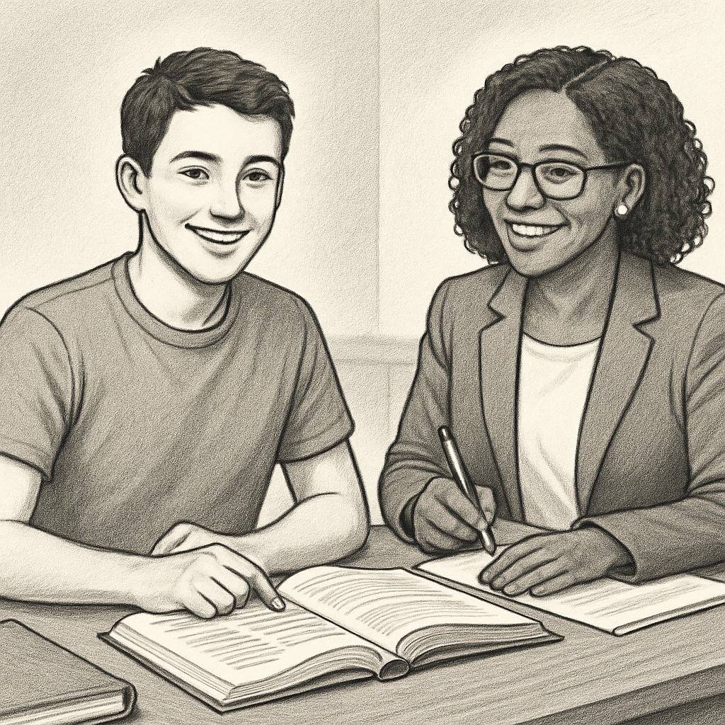 Student consulting a counselor while preparing to return to education after disruption, symbolizing support services in the UK.