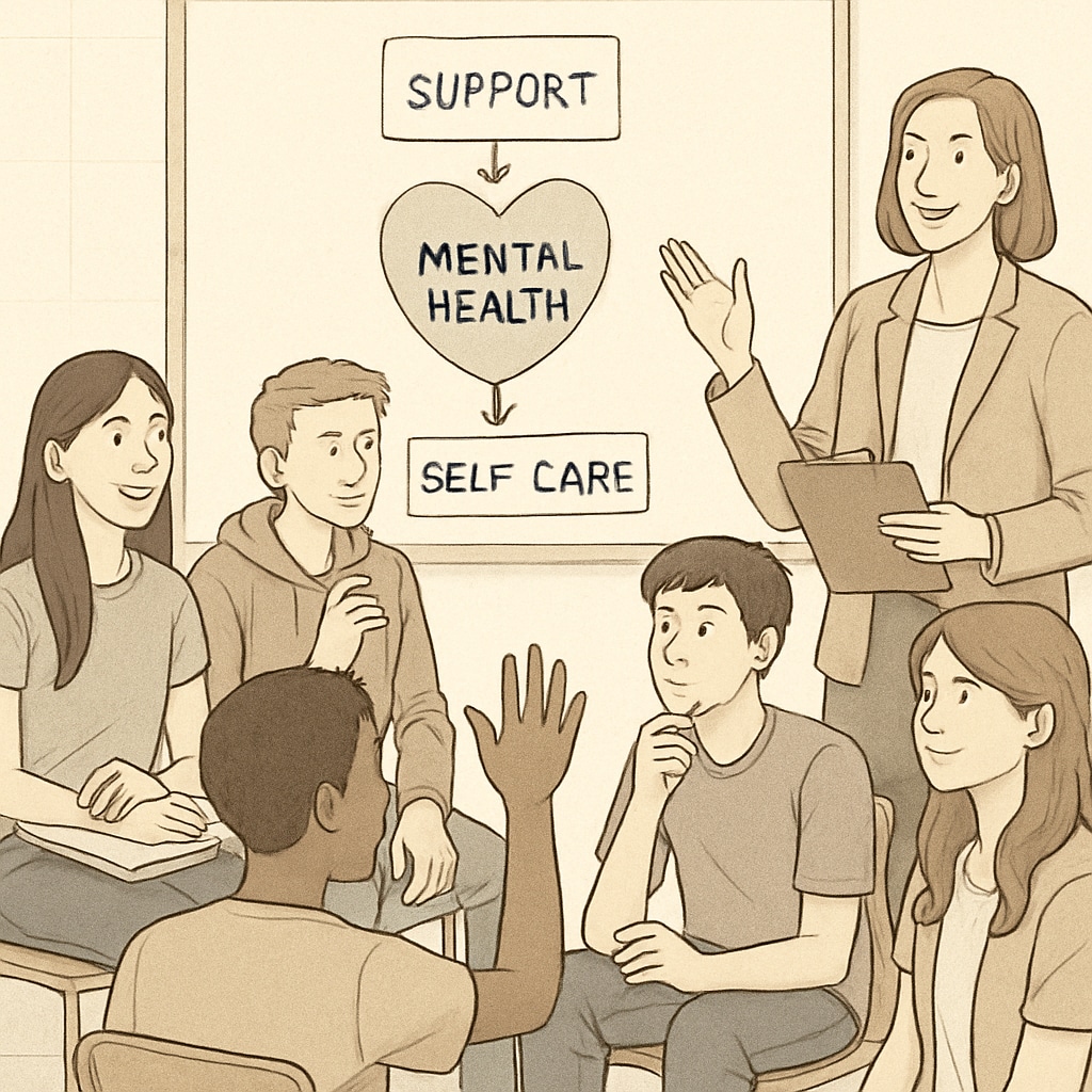 High school students actively engaging in a mental health workshop, participating in discussions and Q&A. High school students participating in a mental health workshop.