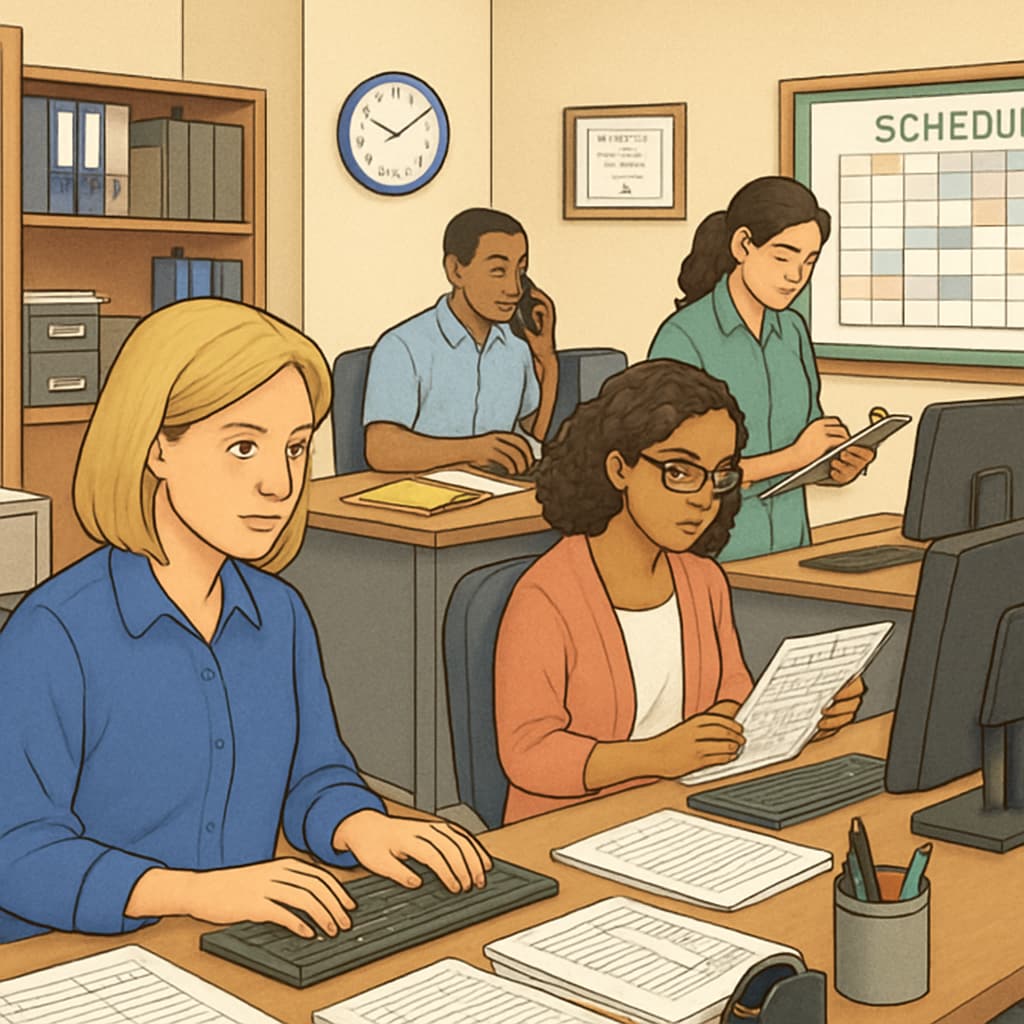 School office with administrative staff managing schedules and documents.