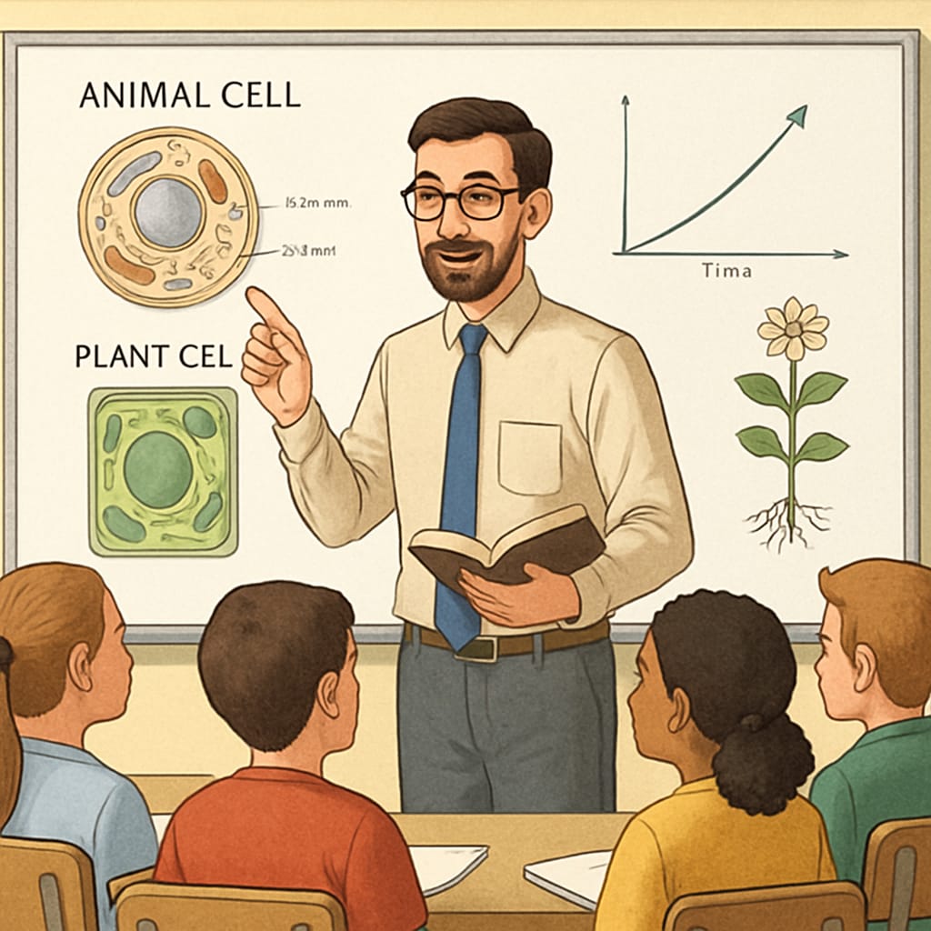 Teacher explaining biology concepts in a classroom setting, representing 