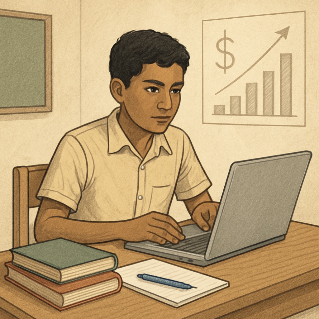 A young finance student in a developing country working on a laptop, symbolizing limited access to modern financial tools. Young finance student in a developing country working on a laptop; limited resources in finance education.