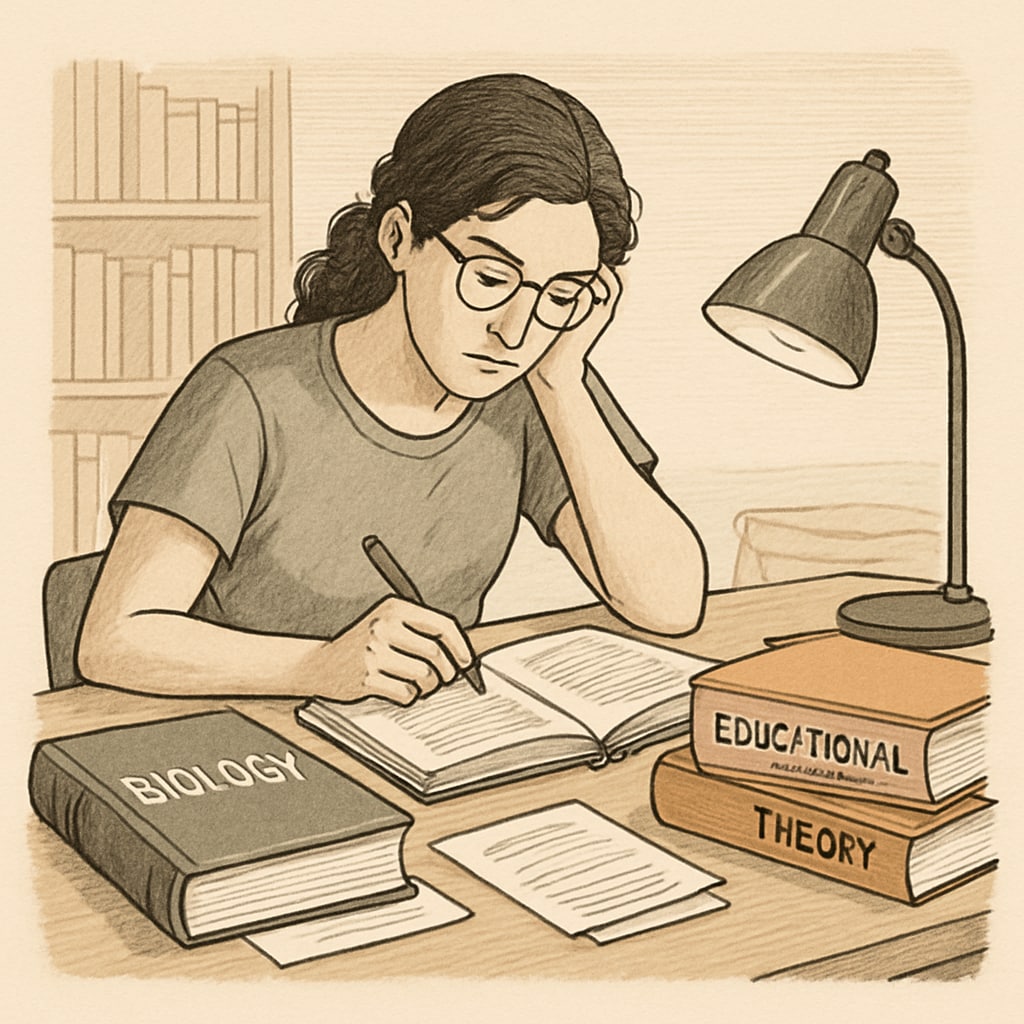 Biology graduate studying educational theory books, representing 