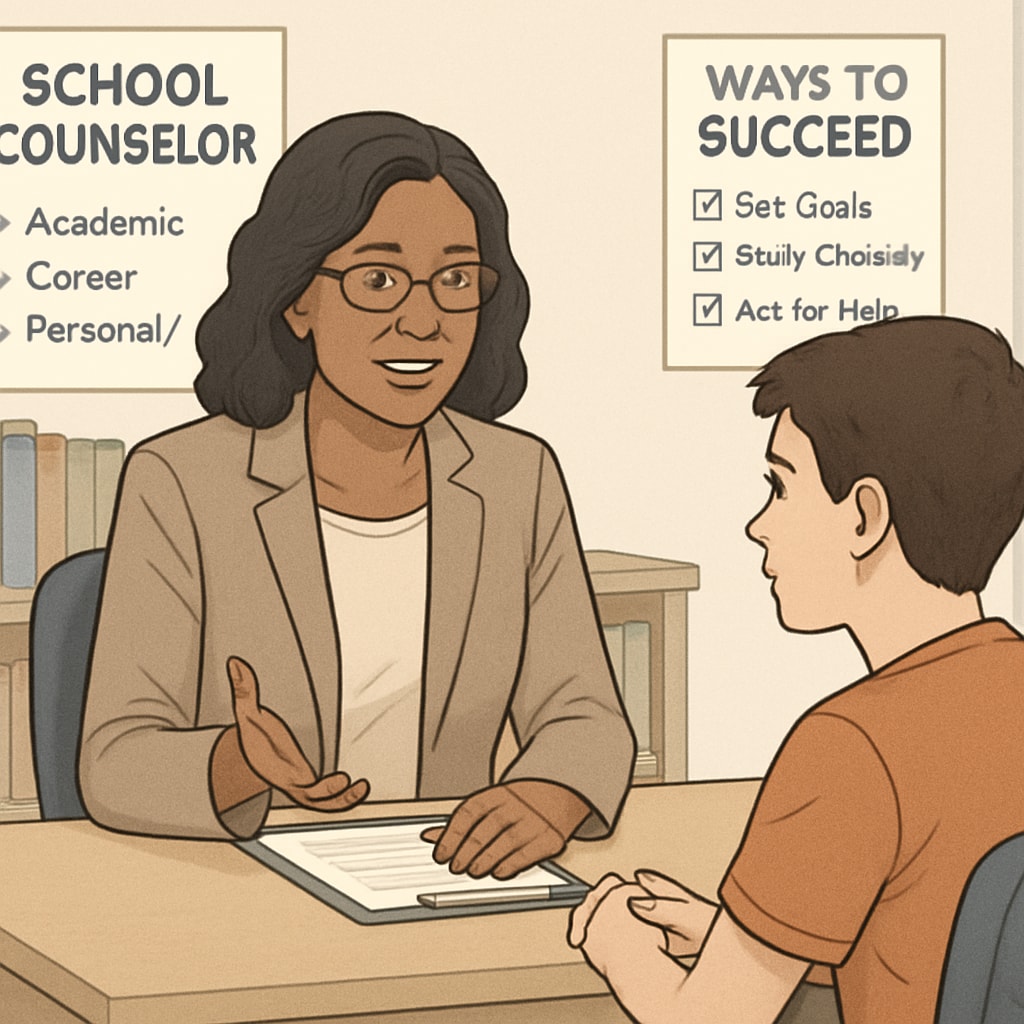 School counselor advising a student in a professional office setting.