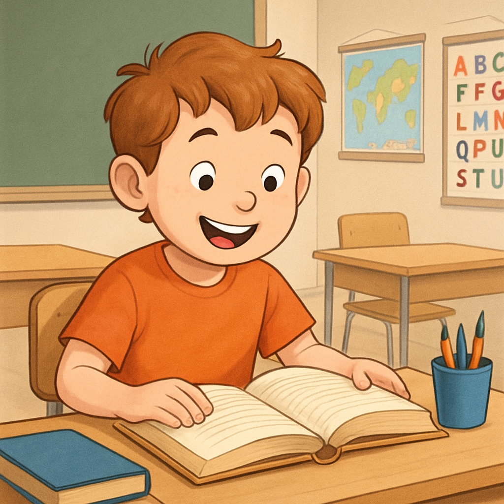 A child reading a book with enthusiasm, symbolizing the joy of reading, suitable for an elementary education context. Child reading a book to illustrate free reading comprehension tools, emphasizing interest over point systems.