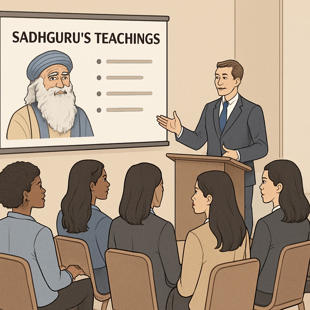 Speaker introducing Sadhguru’s teachings to female entrepreneurs in a professional environment.