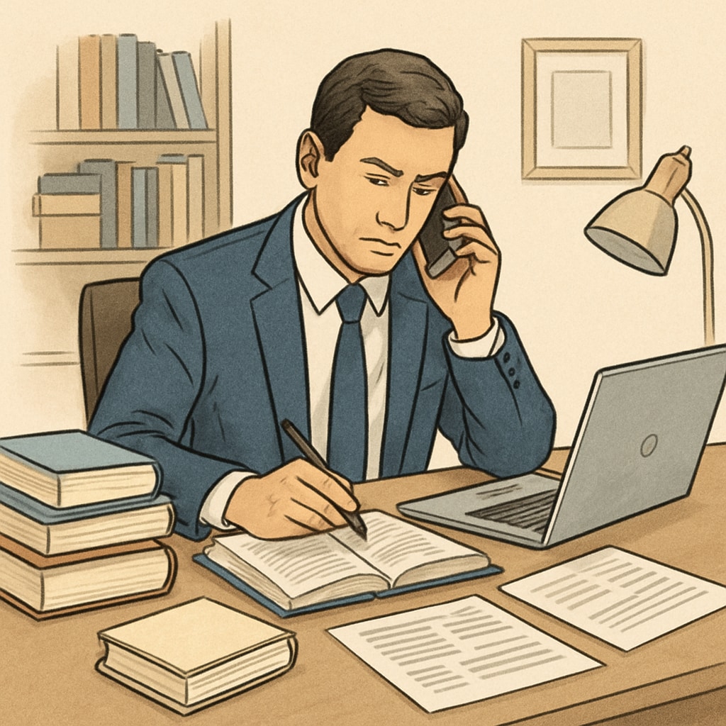 A professional studying at their desk while managing work tasks, illustrating the struggle to balance career and education. Mid-career professional balancing work and study commitments.