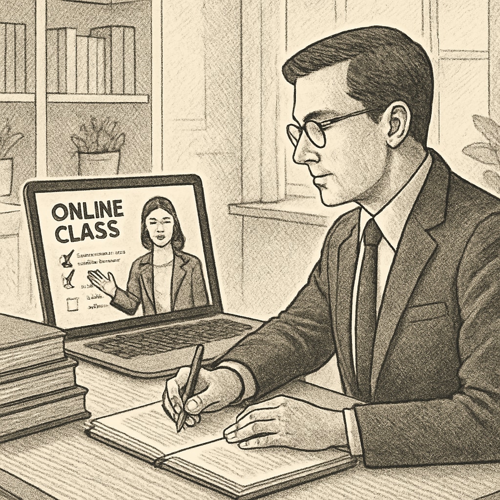A professional attending an online class, showcasing the flexibility of virtual learning in achieving higher education goals. Professional using online learning tools for education.