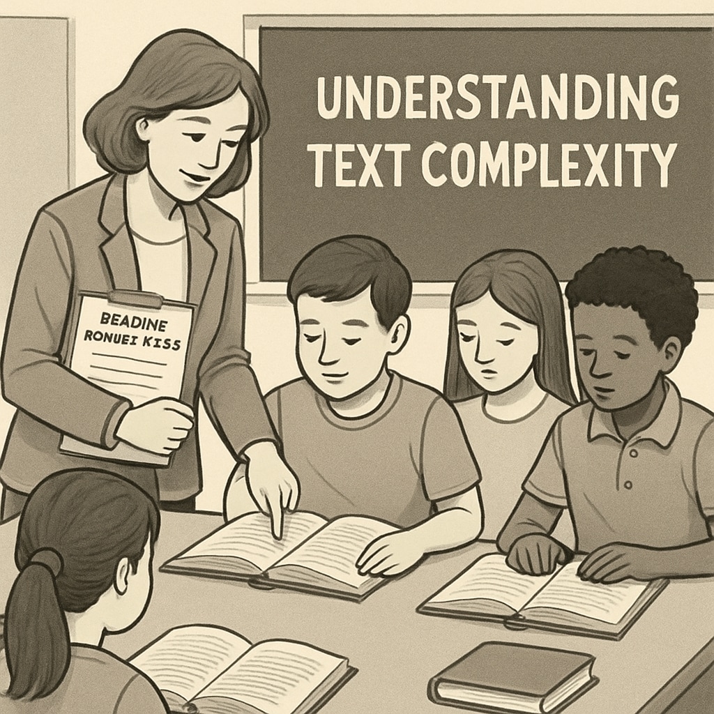 A classroom setting where a teacher is guiding students through a reading activity, emphasizing the concept of reading comprehension and text complexity. Teacher guiding students through a reading text in a classroom setting.