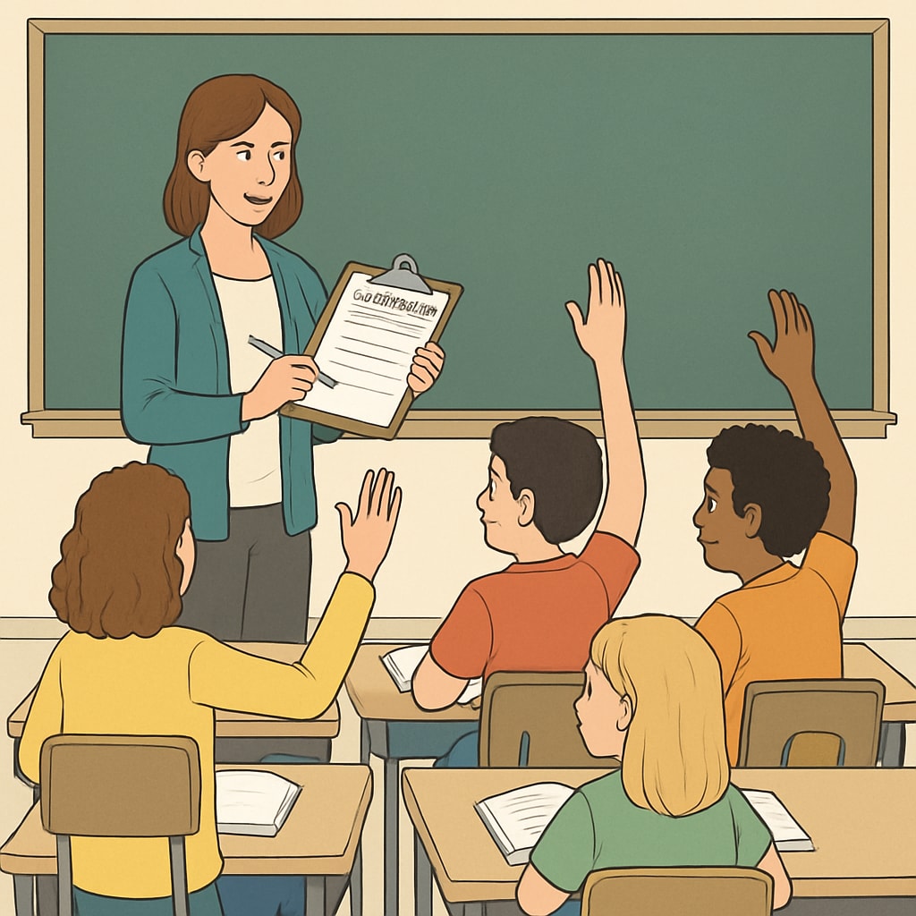 Classroom with teacher taking attendance, students engaged in learning activities