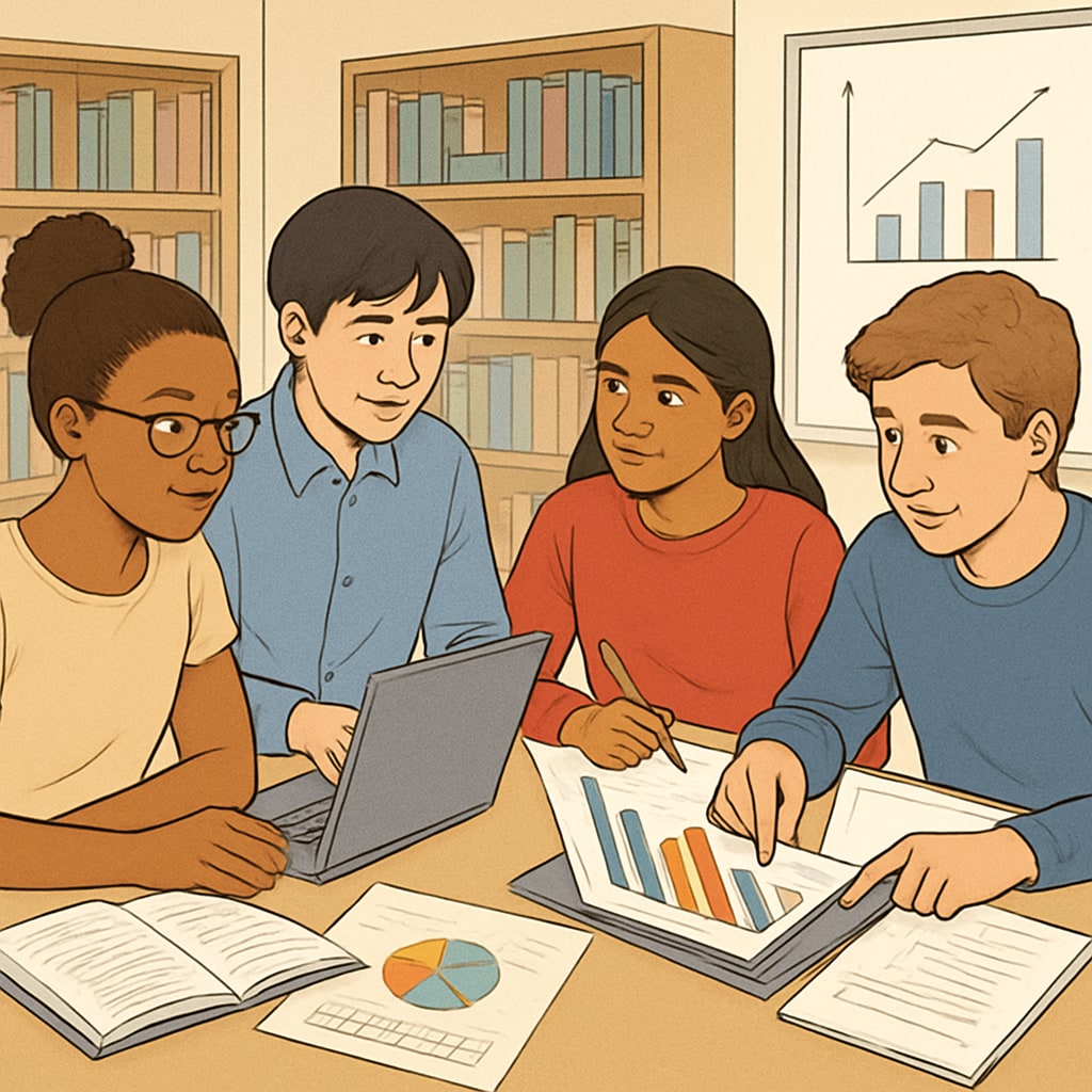 International students working together on a data science project.