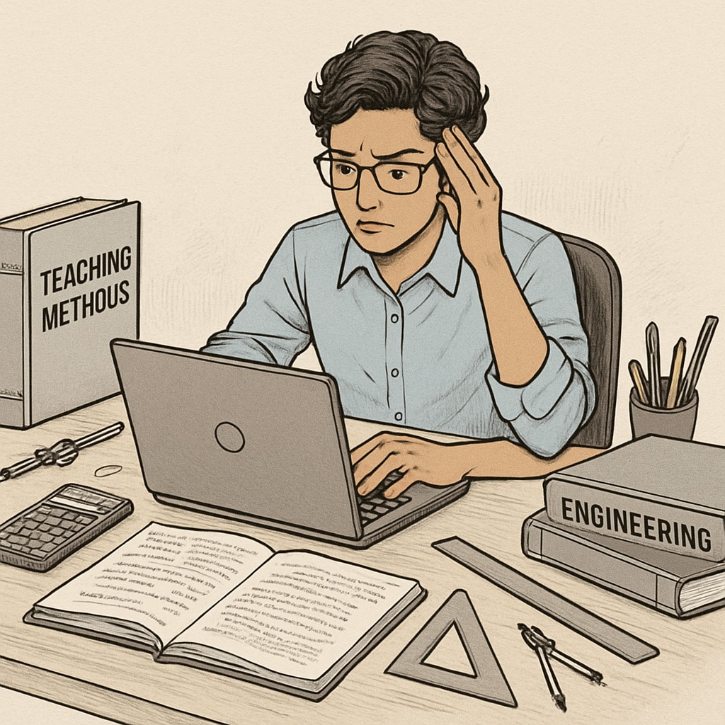 A busy student working on a laptop surrounded by engineering tools and textbooks on teaching methods, illustrating the workload of dual-degree students. Dual-degree student working on engineering tools and education textbooks.