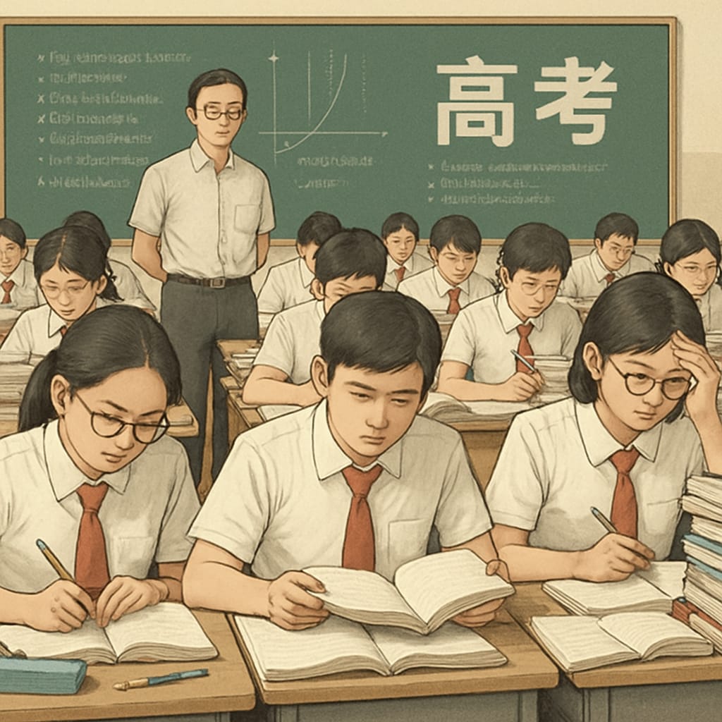 A classroom of Chinese students preparing for the gaokao, showcasing the intensity of exam-focused education. Chinese students preparing for gaokao in a classroom with exam-focused learning.