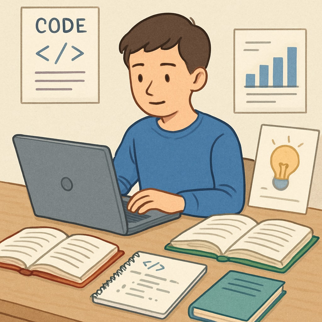 Student studying IT with books, laptop, and coding notes