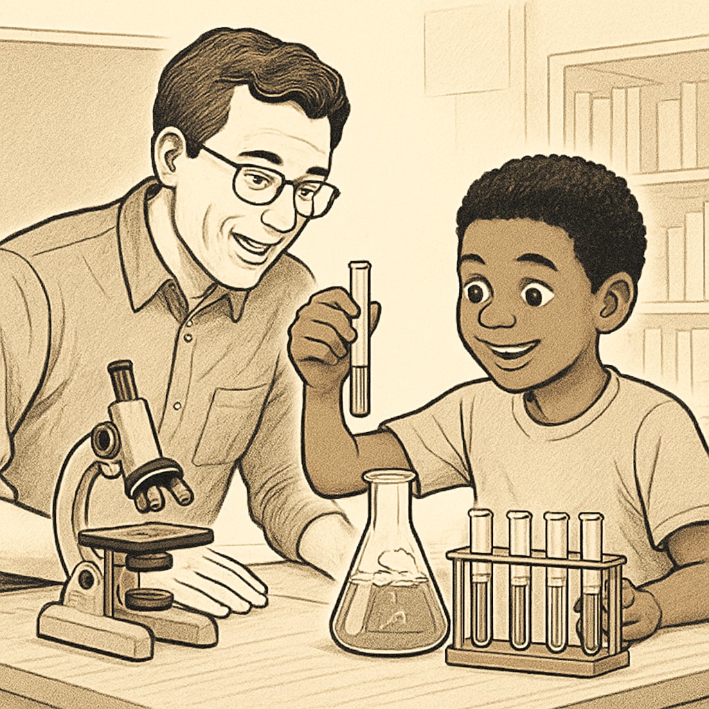 A teacher engaging with a student in a hands-on science activity. The image emphasizes interest-driven learning. Teacher and student working on a science project to inspire learning through interests.