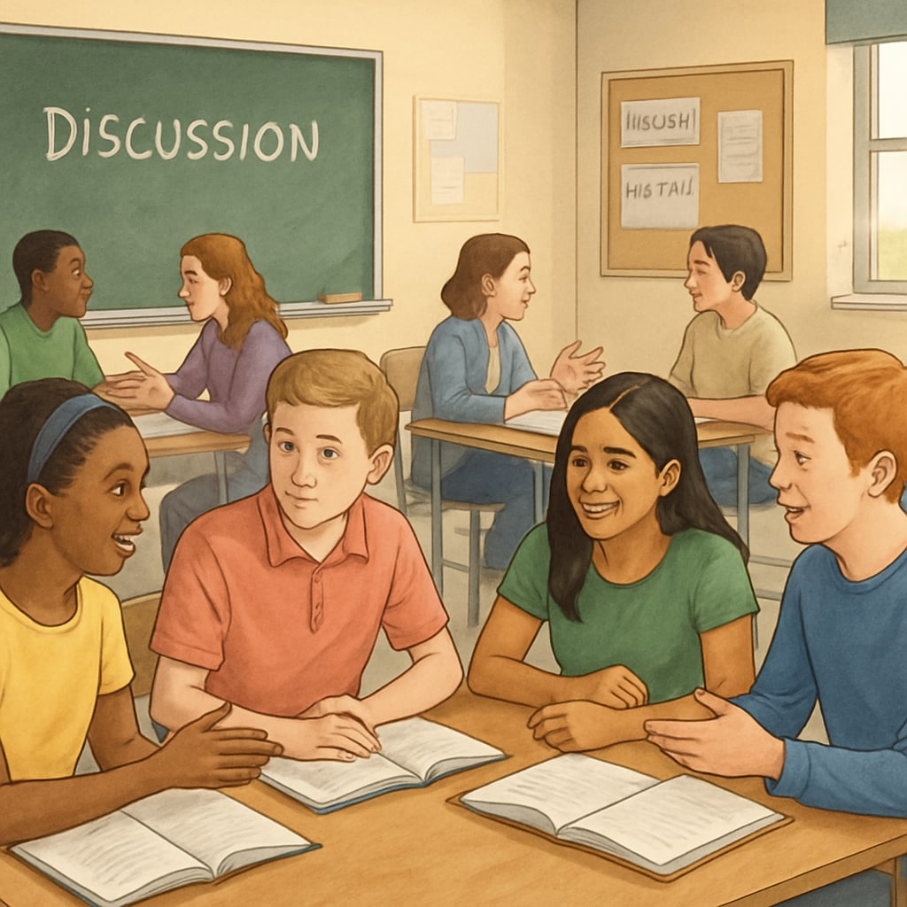 An American classroom with diverse students engaged in group discussions, reflecting holistic learning. American students in a classroom working collaboratively, showcasing holistic education.
